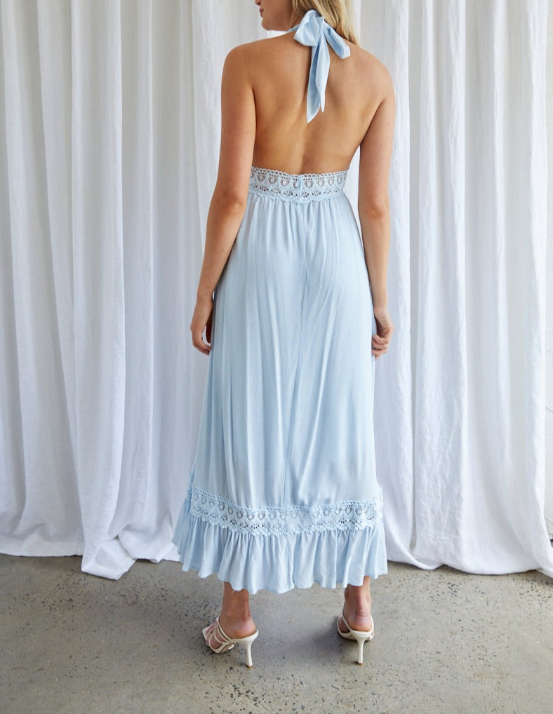 Frozen Beauty Halter Neck Pleated Maxi Dress Steel Blue