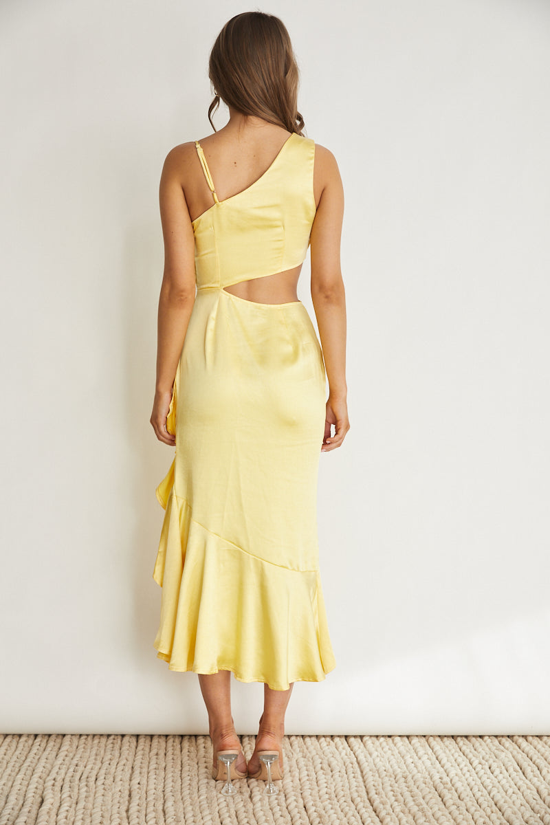 Bella Yellow One Shoudler Stunner Mid Cut-Out Midi Dress 