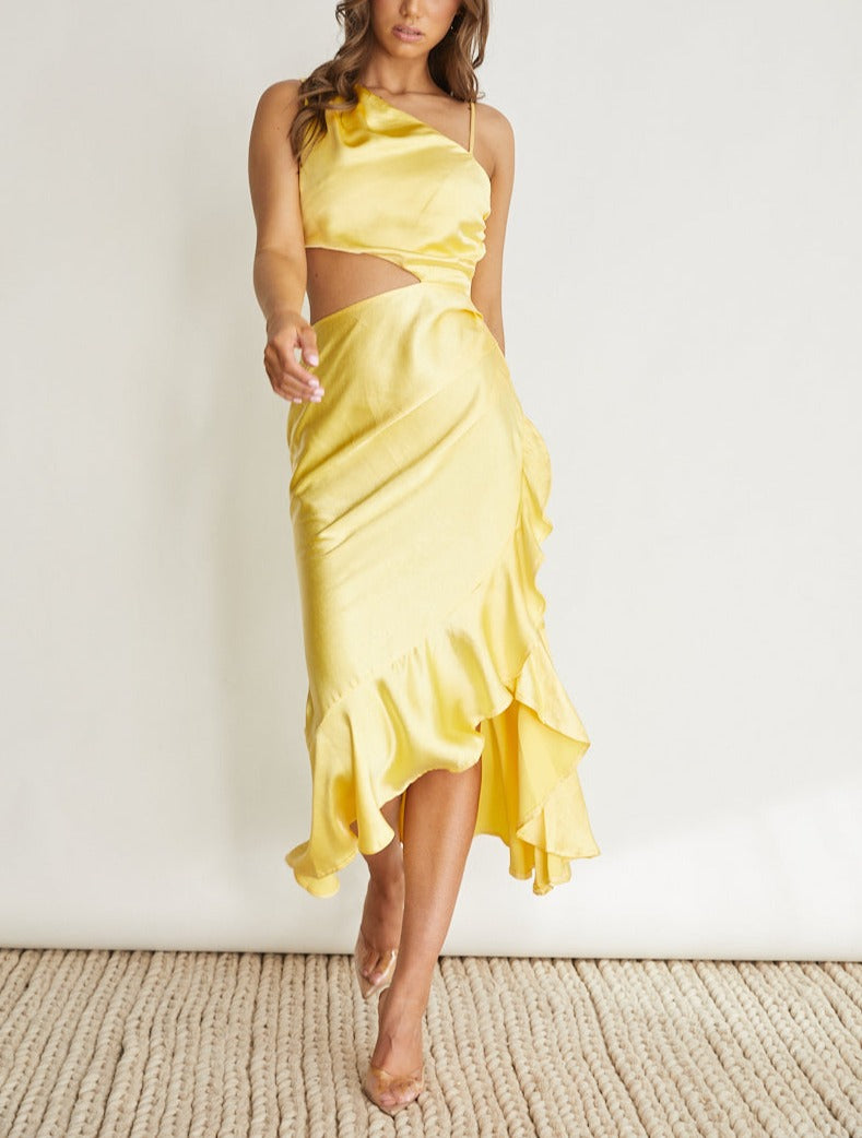 Bella Yellow One Shoudler Stunner Mid Cut-Out Midi Dress 