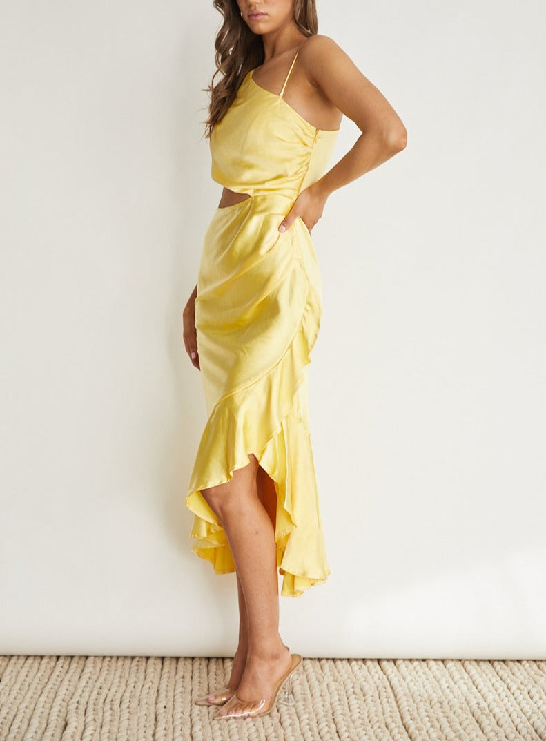 Bella Yellow One Shoudler Stunner Mid Cut-Out Midi Dress 