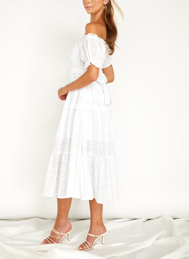 Elegant Escape Off-Shoulder Midi Dress White