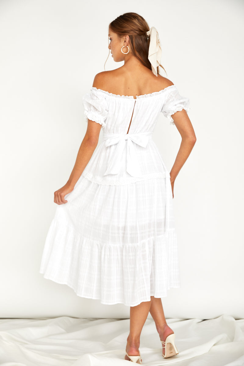 Elegant Escape Off-Shoulder Midi Dress White