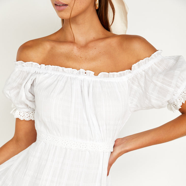 Elegant Escape Off-Shoulder Midi Dress White