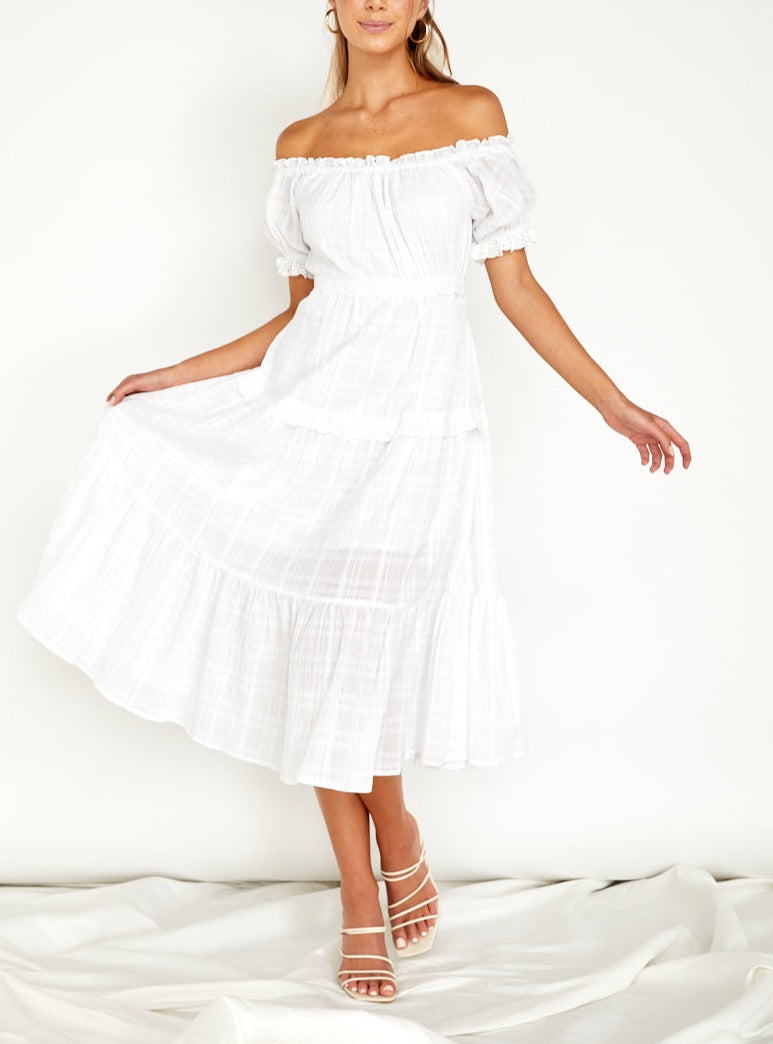 Elegant Escape Off-Shoulder Midi Dress White