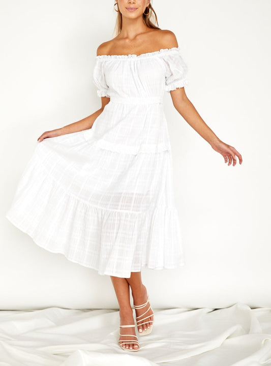 Elegant Escape Off-Shoulder Midi Dress White