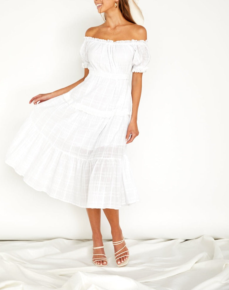 Elegant Escape Off-Shoulder Midi Dress White